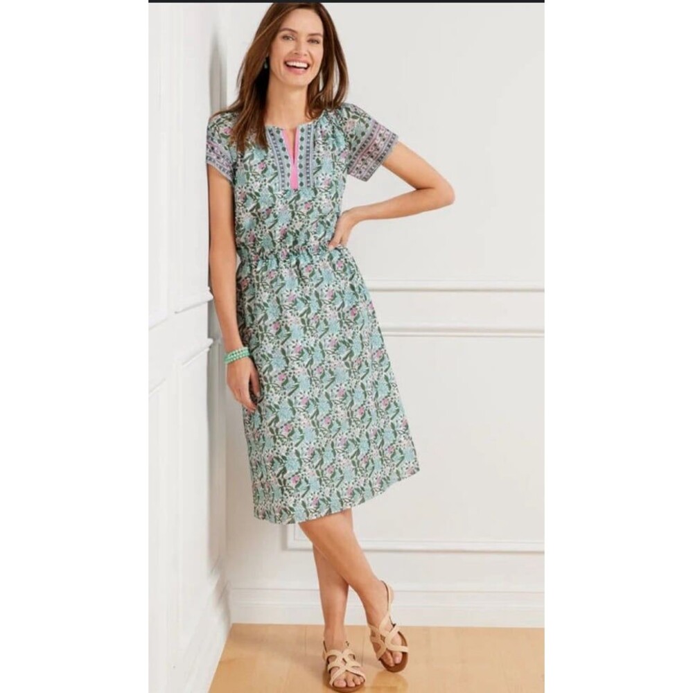 Talbots size two petite voile fit & flare dress floral pink green knee length